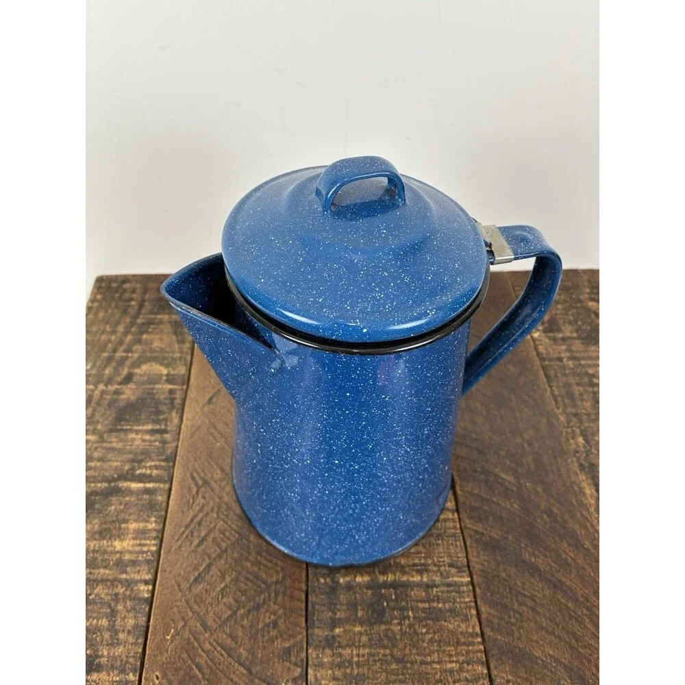 Blue Speckled Enamelware Coffee Pot Tea Kettle Metal Vintage